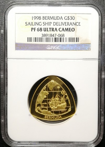 凡希社世界钱币微拍第六十九期 - 1998年百慕大帆船三角形金币1/2盎司NGC-68UC