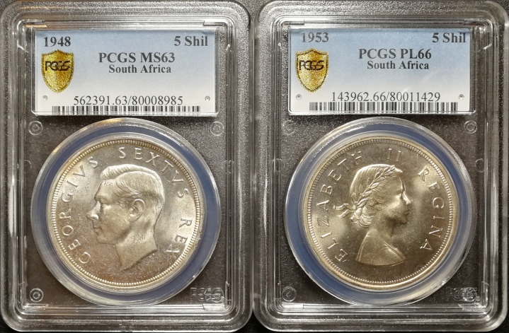 凡希社世界钱币微拍第六十九期 南非5先令大银两件PCGS-63/66PL