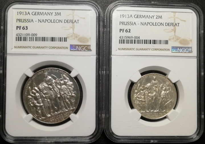 凡希社世界钱币微拍第六十九期 1913普鲁士击败拿破仑精铸马克一对NGC-PF62/63