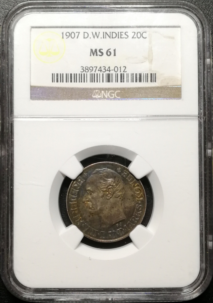 凡希社世界钱币微拍第六十九期 1907丹属西印度20分/法郎NGC-MS61