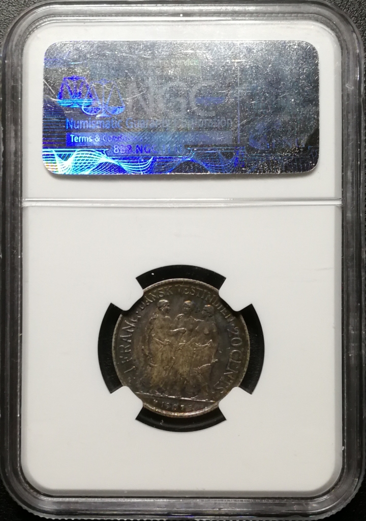 凡希社世界钱币微拍第六十九期 1907丹属西印度20分/法郎NGC-MS61