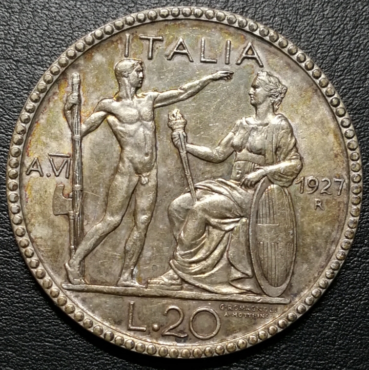 凡希社世界钱币微拍第六十九期 1927意大利法西斯与裸男20里拉AU