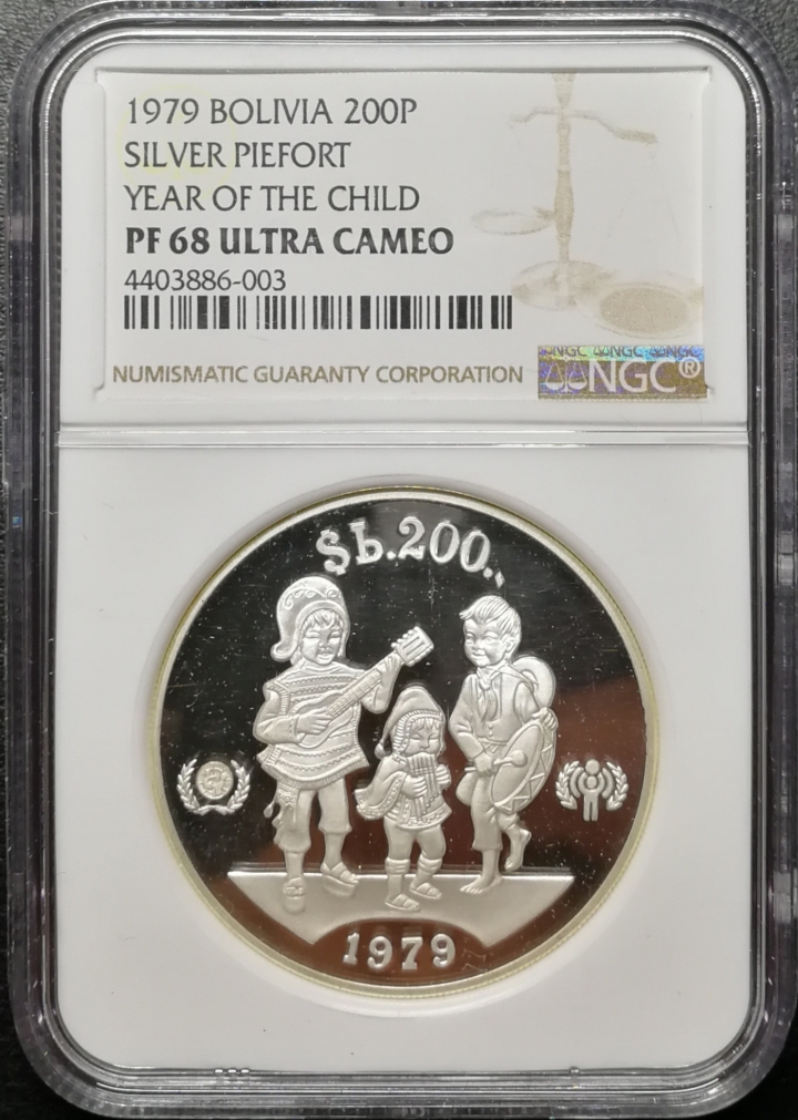 凡希社世界钱币微拍第六十九期 1979玻利维亚加厚儿童年200P大银NGC-PF68UC