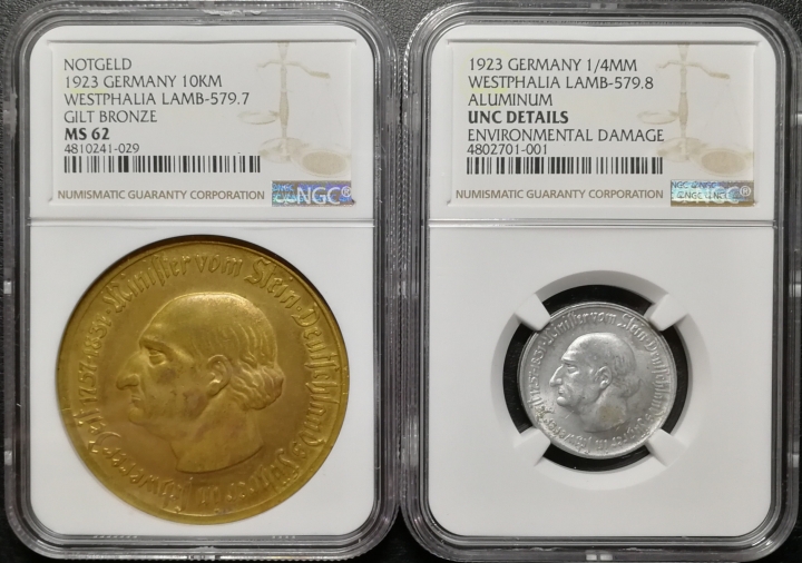 凡希社世界钱币微拍第六十九期 1923德国大马币一对NGC