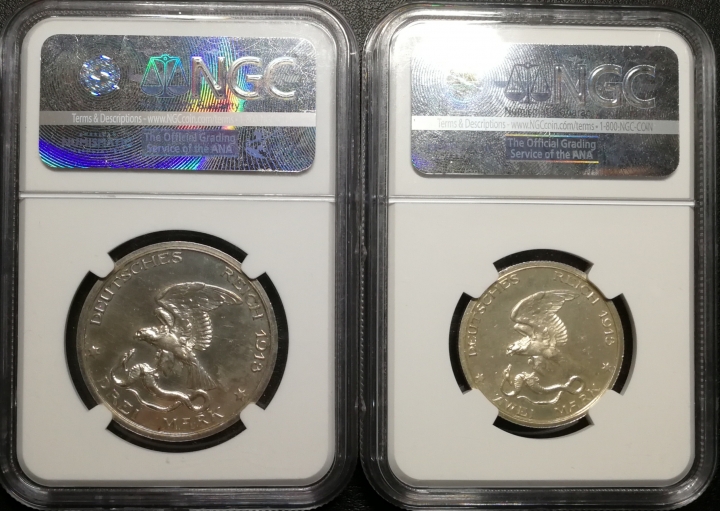 凡希社世界钱币微拍第六十九期 1913普鲁士击败拿破仑精铸马克一对NGC-PF62/63