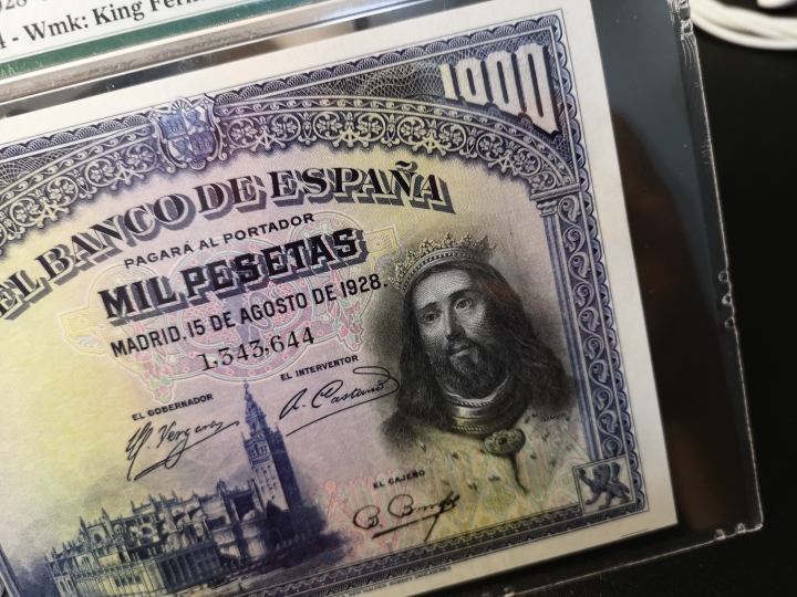外钞收藏家第六十期拍卖 西班牙1928年1000  超大票幅 pmg64