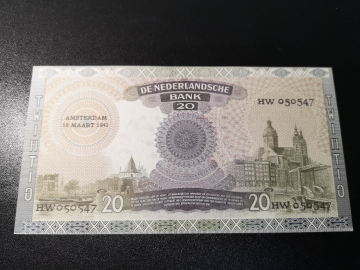 外钞收藏家第六十期拍卖 荷兰1941年20盾  经典老钞  全新unc