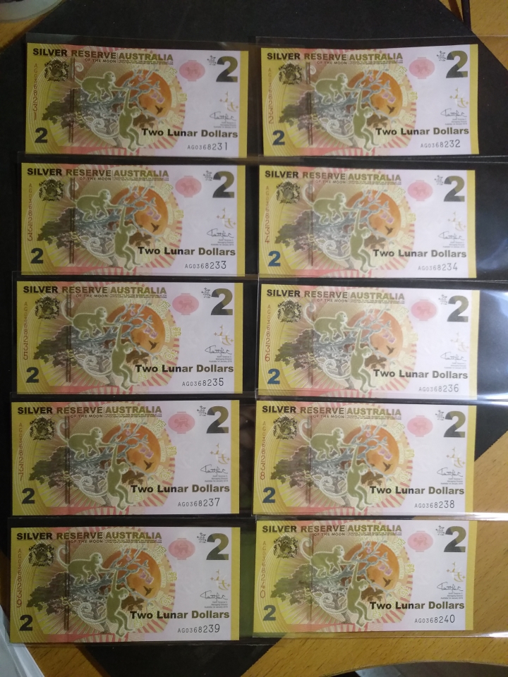 "鲸贝"乐淘第宙号拍卖 2016年澳大利亚2元生肖猴钞，十连号，UNC 
