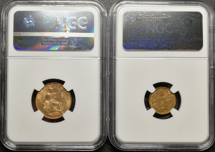 凡希社世界钱币微拍第七十期 乔五原光铜币1/4便士1/3法新一对NGC-MS63/64