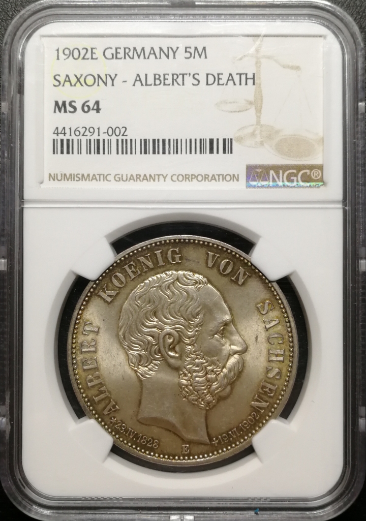 凡希社世界钱币微拍第七十期 1902萨克森5马克国王逝世纪念NGC-MS64