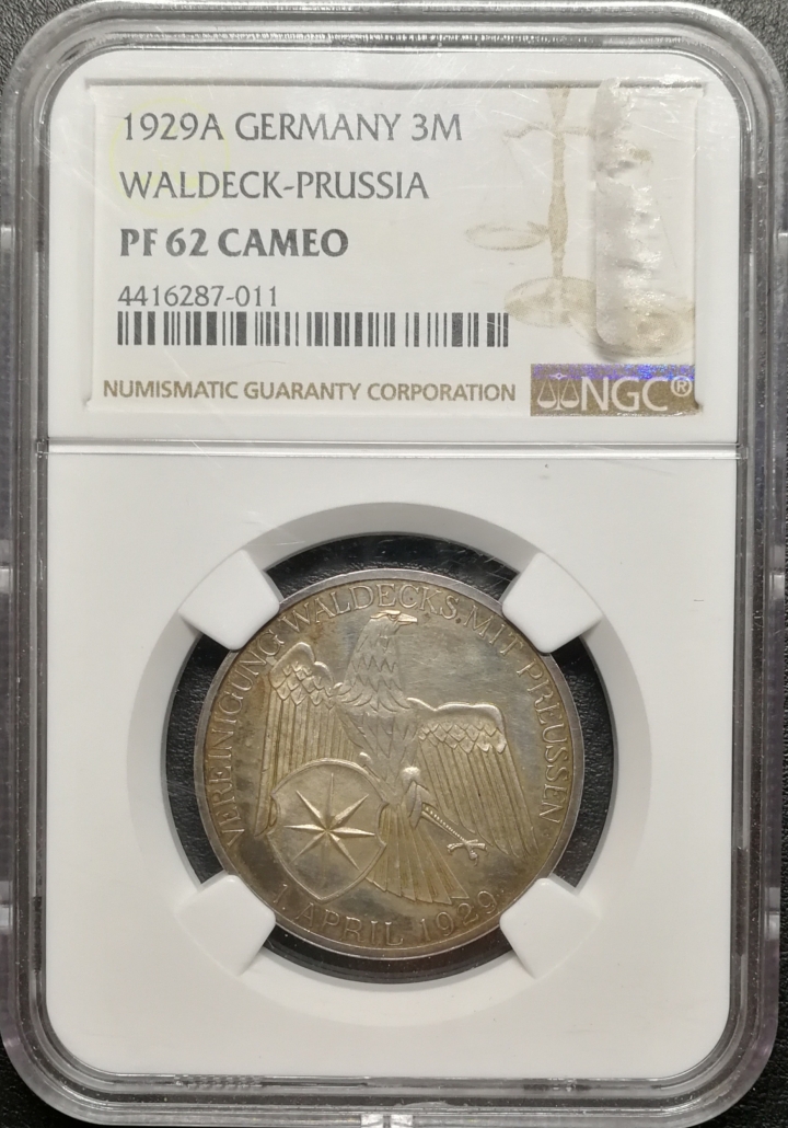 凡希社世界钱币微拍第七十期 1929魏玛瓦尔德克普鲁士3马克精铸NGC-PF62CAMEO
