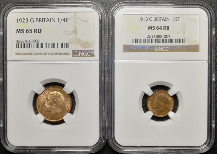 凡希社世界钱币微拍第七十期 乔五原光铜币1/4便士1/3法新一对NGC-MS63/64