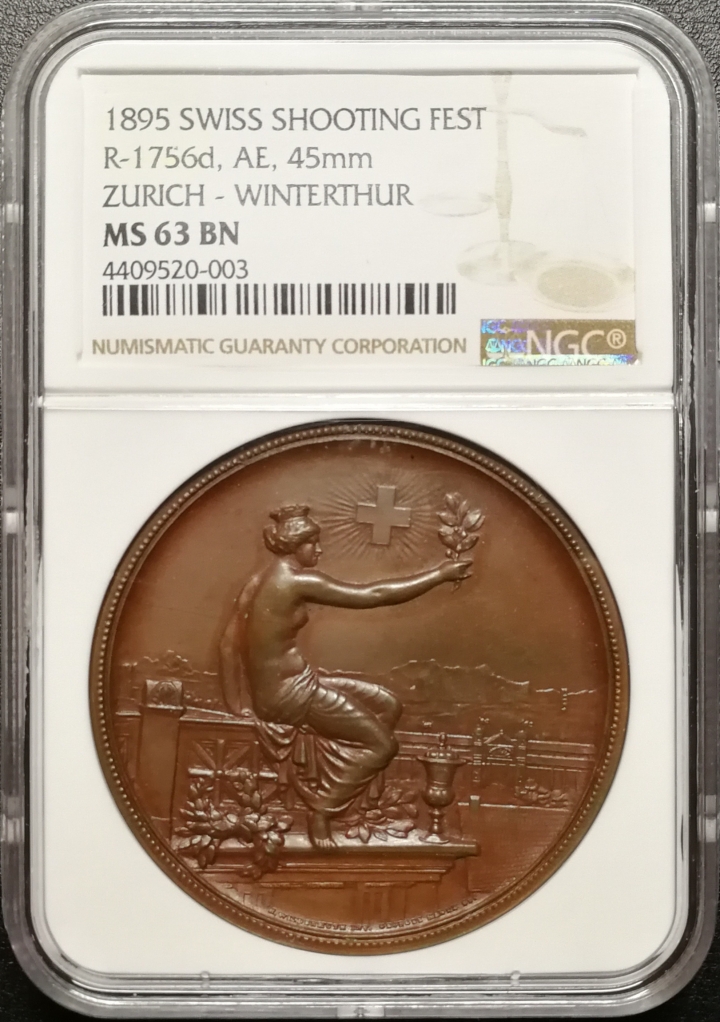 凡希社世界钱币微拍第七十期 1895苏黎世温特图尔射击节铜章NGC-MS63
