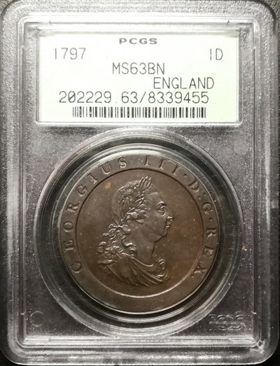 1797英国SOHO铸造车轮便士PCGS-MS63