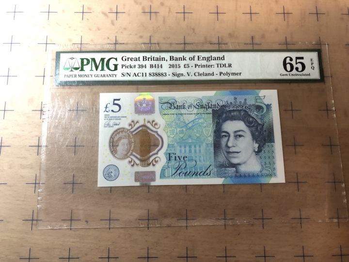收藏联盟第七十期拍卖 英国塑料钞2015年5镑 PMG65E