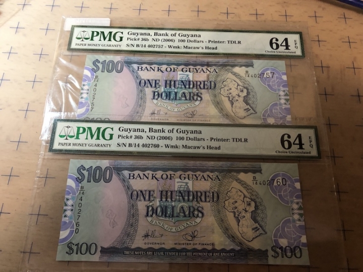 收藏联盟第七十期拍卖 圭亚那06100 两张同分PMG64E