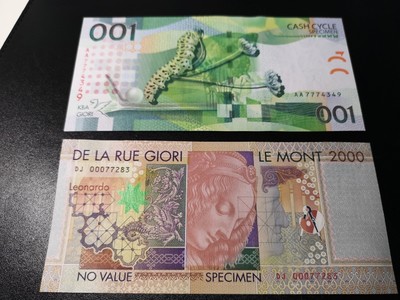 《外钞收藏家》第六十一期拍卖 - 蝴蝶测试钞 达芬奇测试钞两张 全新unc