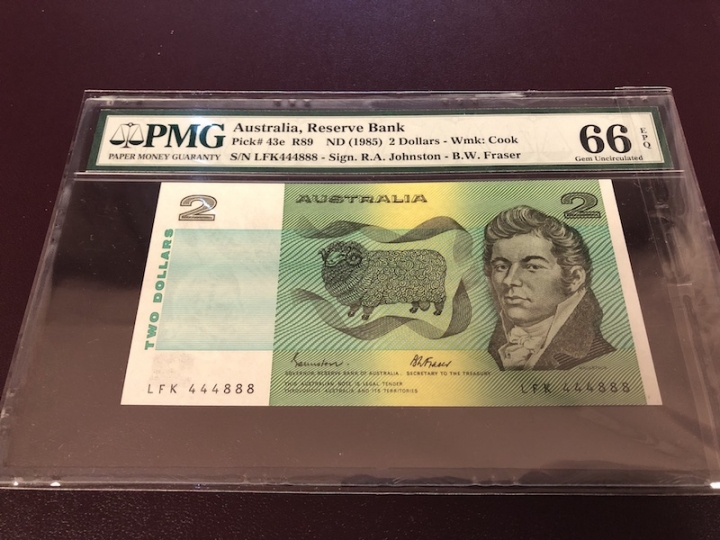 收藏联盟第七十二期拍卖 澳大利亚852 双豹子号尾888 PMG66E