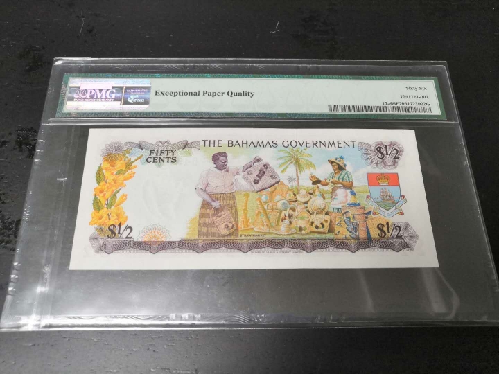 收藏联盟第七十二期拍卖 巴哈马1965年50分 彩背 PMG66E