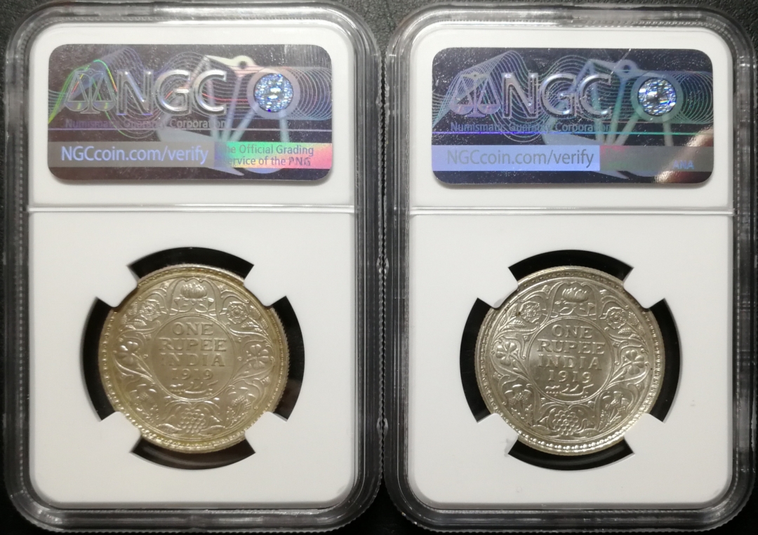 凡希社世界钱币微拍第七十四期 1919印度卢比一对两个版NGC-UNCD