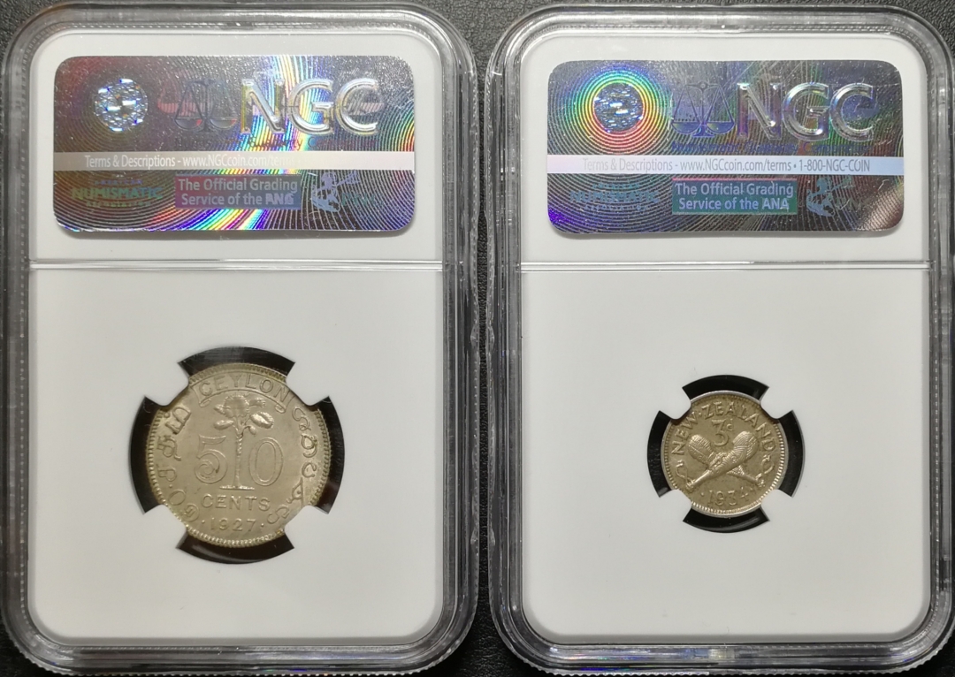 凡希社世界钱币微拍第七十四期 乔五锡兰新西兰一对NGC-MS63/64