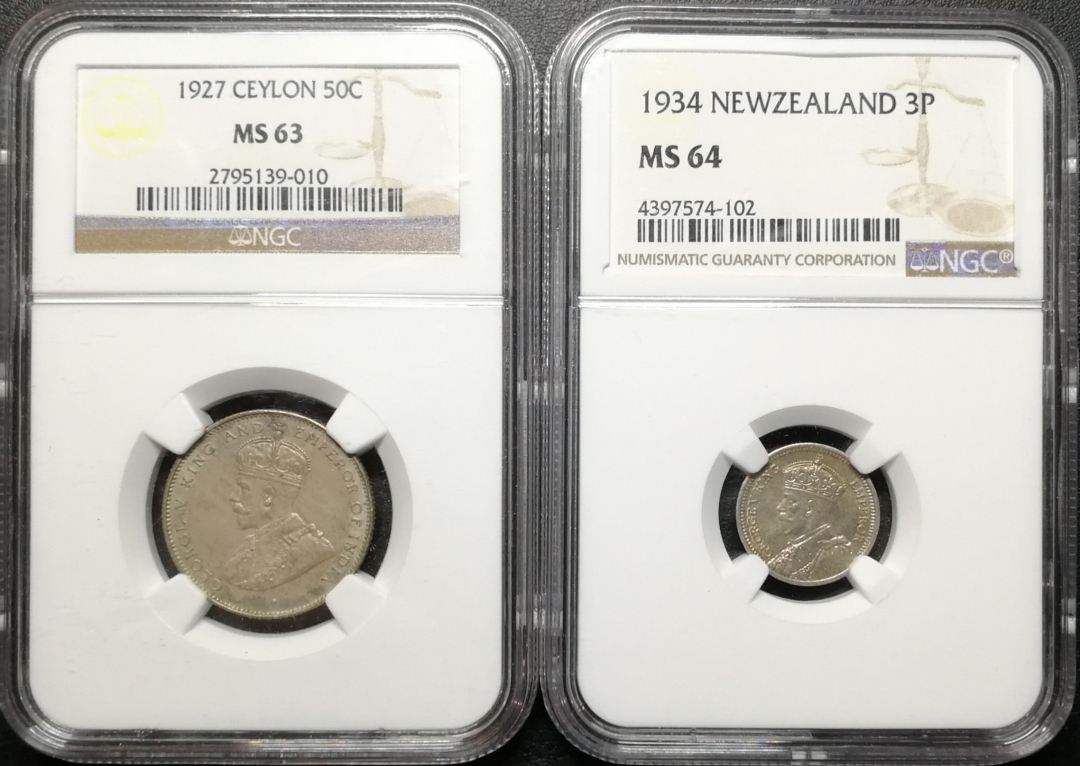 凡希社世界钱币微拍第七十四期 乔五锡兰新西兰一对NGC-MS63/64