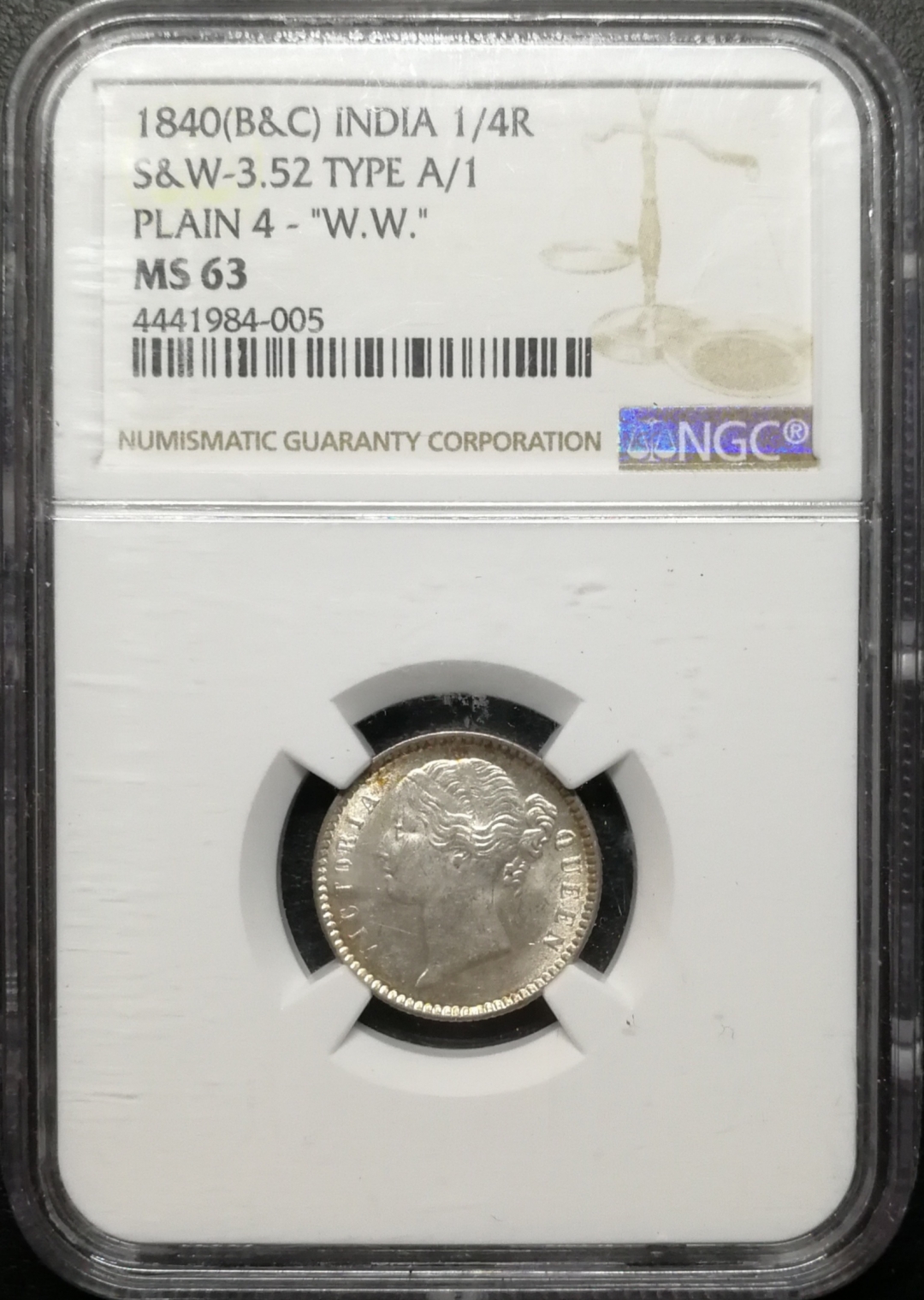 凡希社世界钱币微拍第七十四期 1940小维1/4卢比NGC-MS63