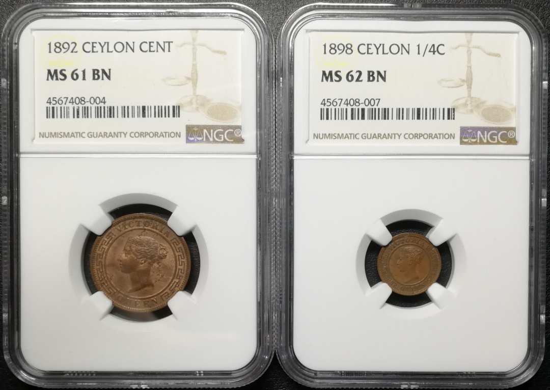 凡希社世界钱币微拍第七十四期 1892/98锡兰小铜一对NGC-MS61/62