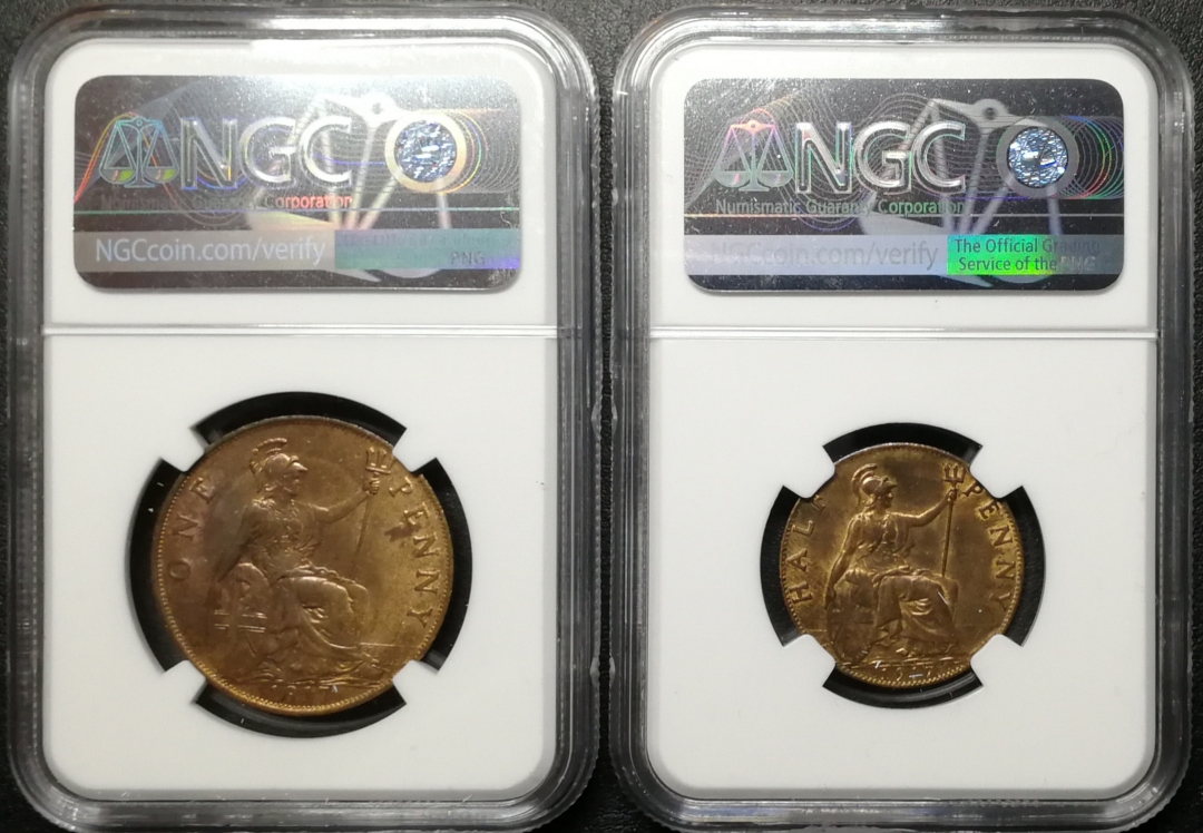 凡希社世界钱币微拍第七十四期 1917乔五铜币一对NGC-MS63/64色泽漂亮