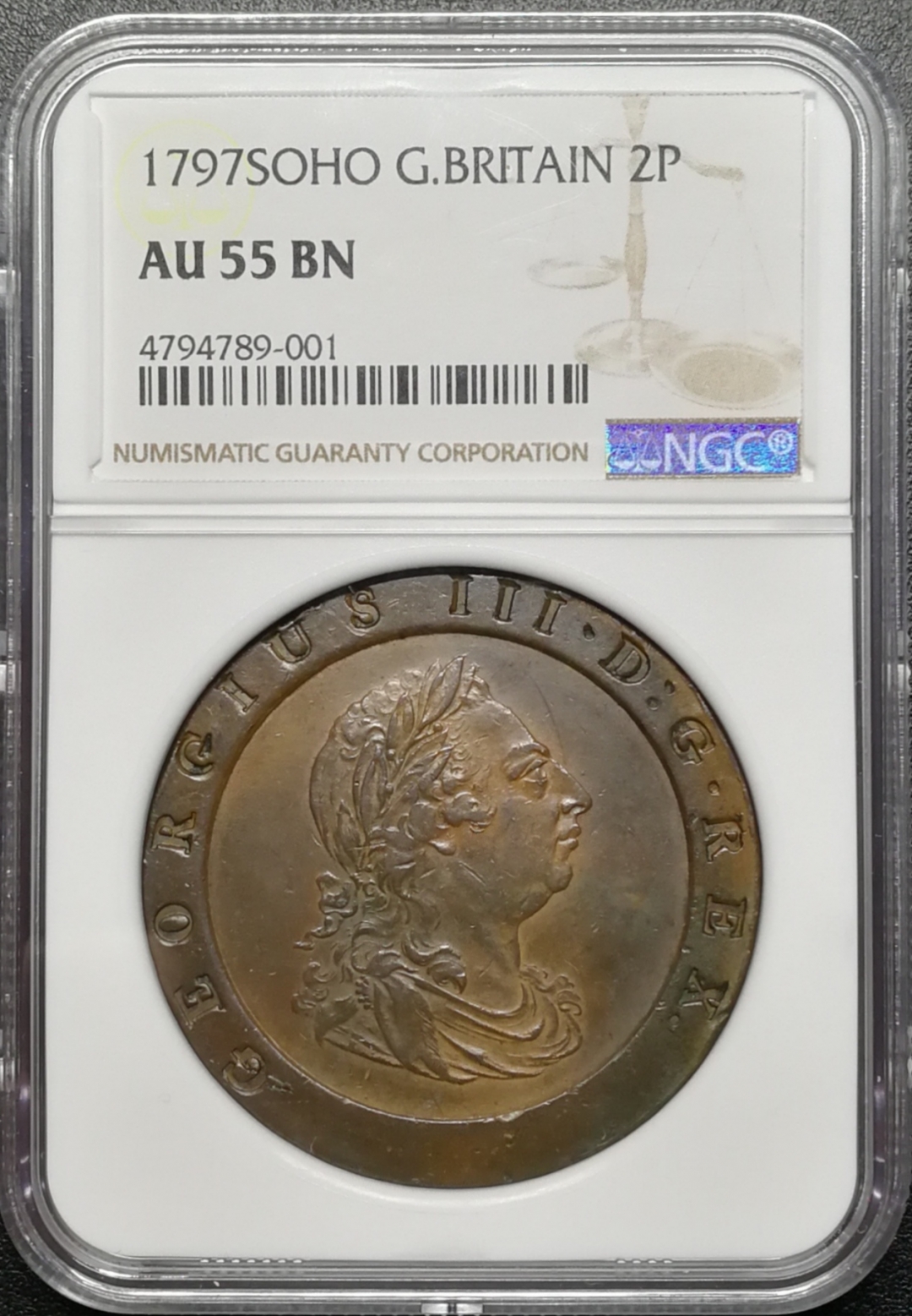 凡希社世界钱币微拍第七十四期 1797乔三车轮两便士大铜NGC-AU55