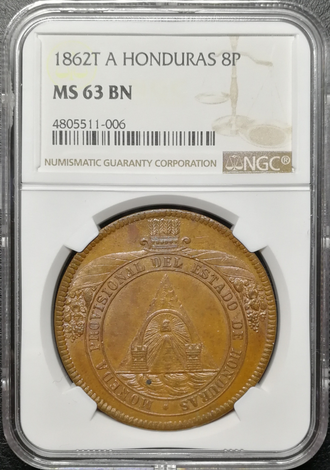 凡希社世界钱币微拍第七十四期 1862洪都拉斯8P铜样NGC-MS63稀少