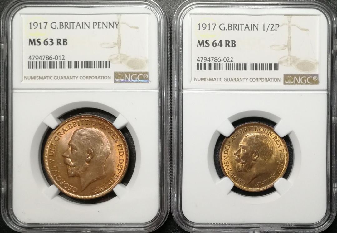 凡希社世界钱币微拍第七十四期 1917乔五铜币一对NGC-MS63/64色泽漂亮