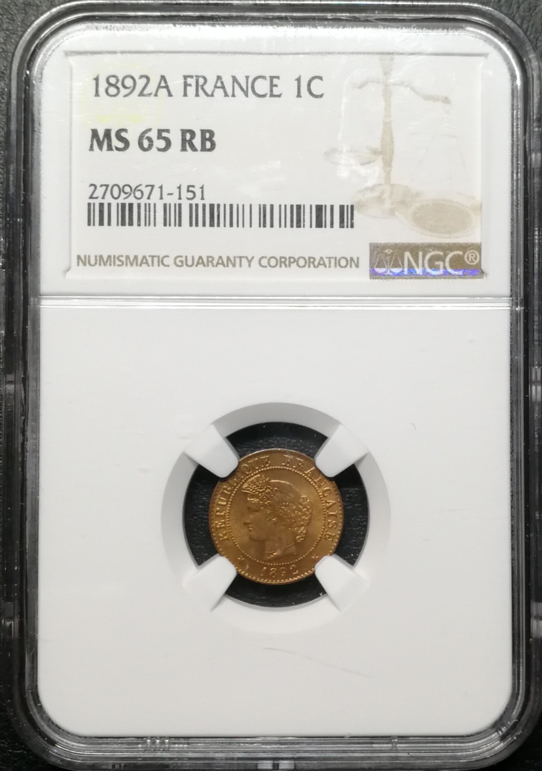 凡希社世界钱币微拍第七十四期 1892法国1分NGC-MS65