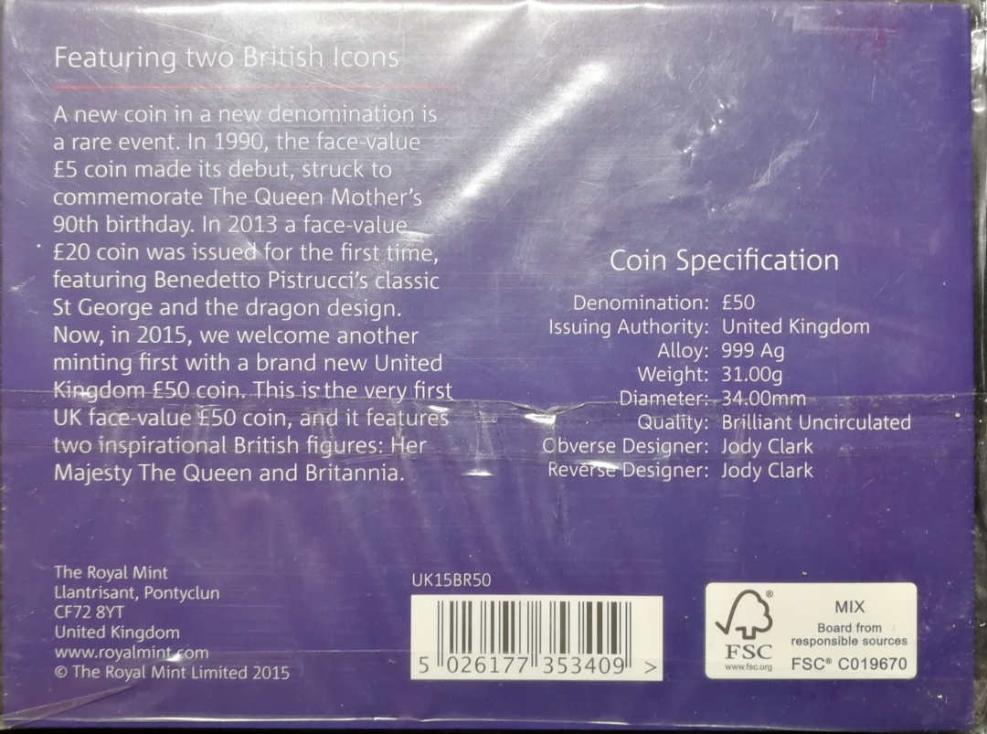 凡希社世界钱币微拍第七十四期 2015英国不列颠尼亚女神与狮子50镑银币BU原包装