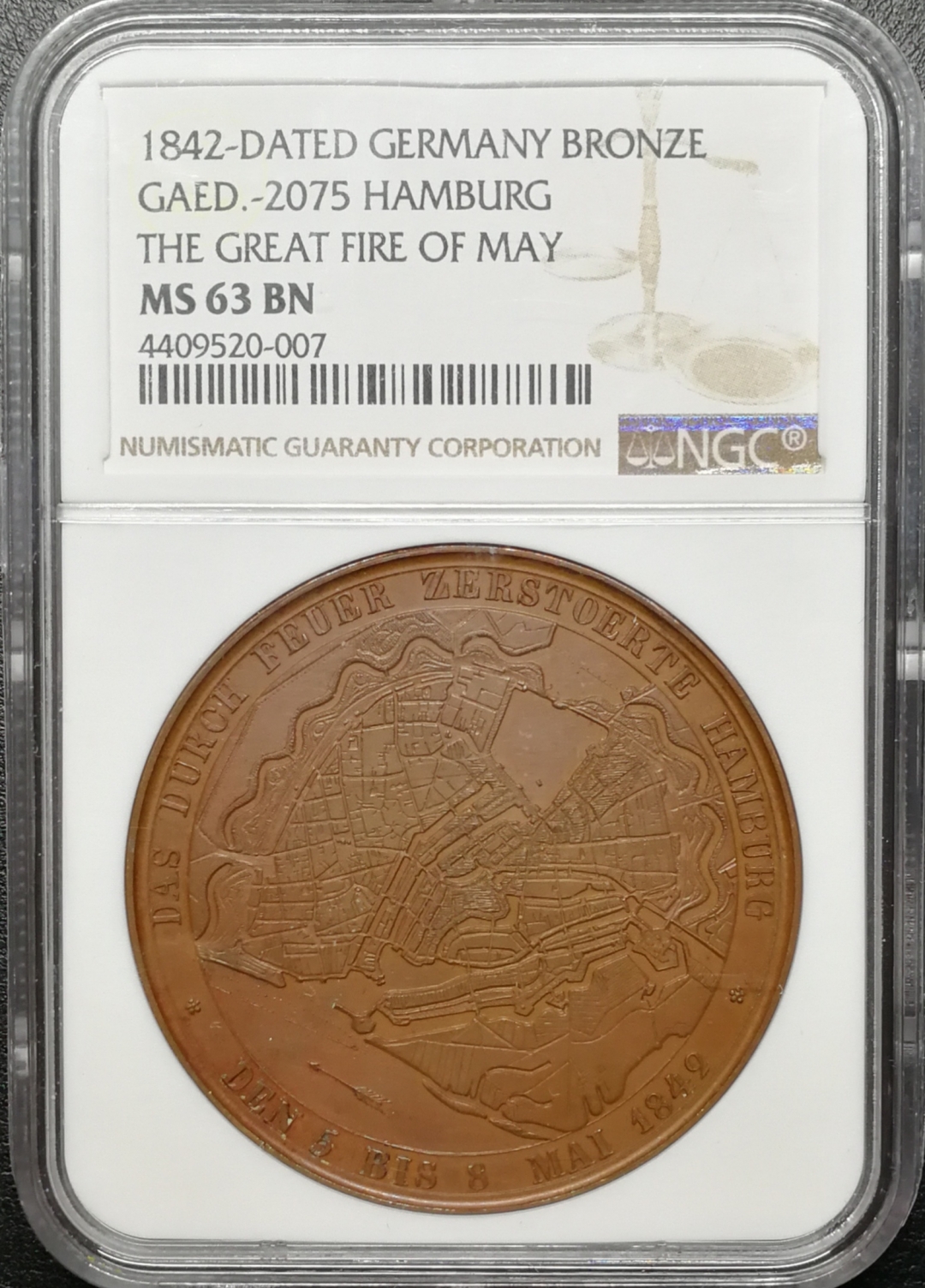 凡希社世界钱币微拍第七十四期 1842汉堡大火重建纪念铜章NGC-MS63