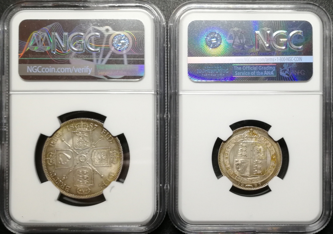 凡希社世界钱币微拍第七十四期 1887老维先令佛罗林一对NGC-MS62