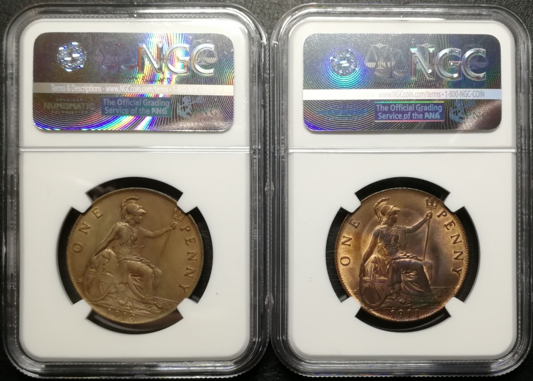 凡希社世界钱币微拍第七十四期 1911/13乔五便士一对NGC-MS62/63