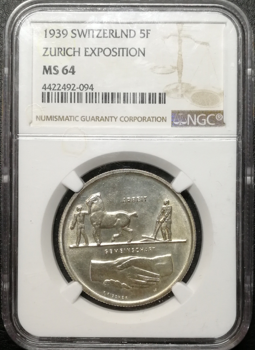 凡希社世界钱币微拍第七十四期 1939苏黎世博览会5法郎NGC-MS64