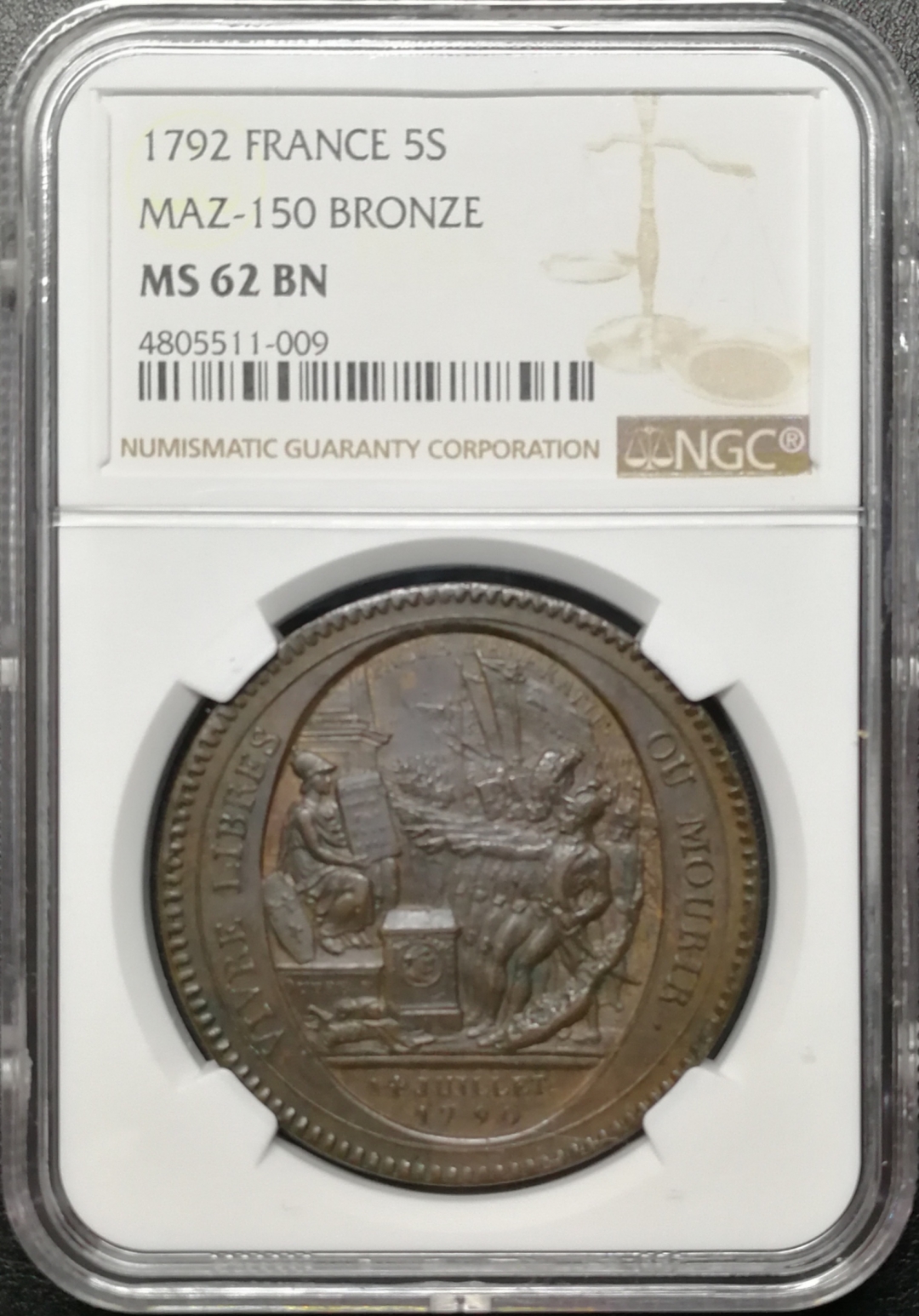 凡希社世界钱币微拍第七十四期 1792法国莫奈龙5苏大铜NGC-MS62 SOHO铸造