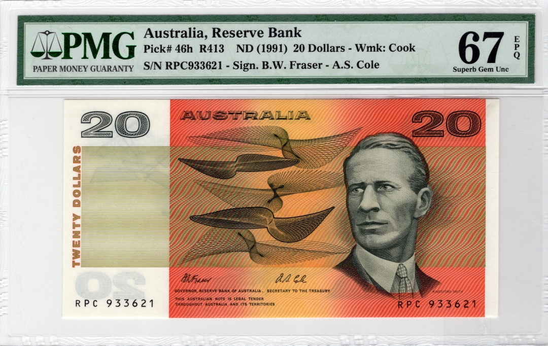 收藏联盟七十四期拍卖 澳大利亚1991年20澳元PMG67E冠军分