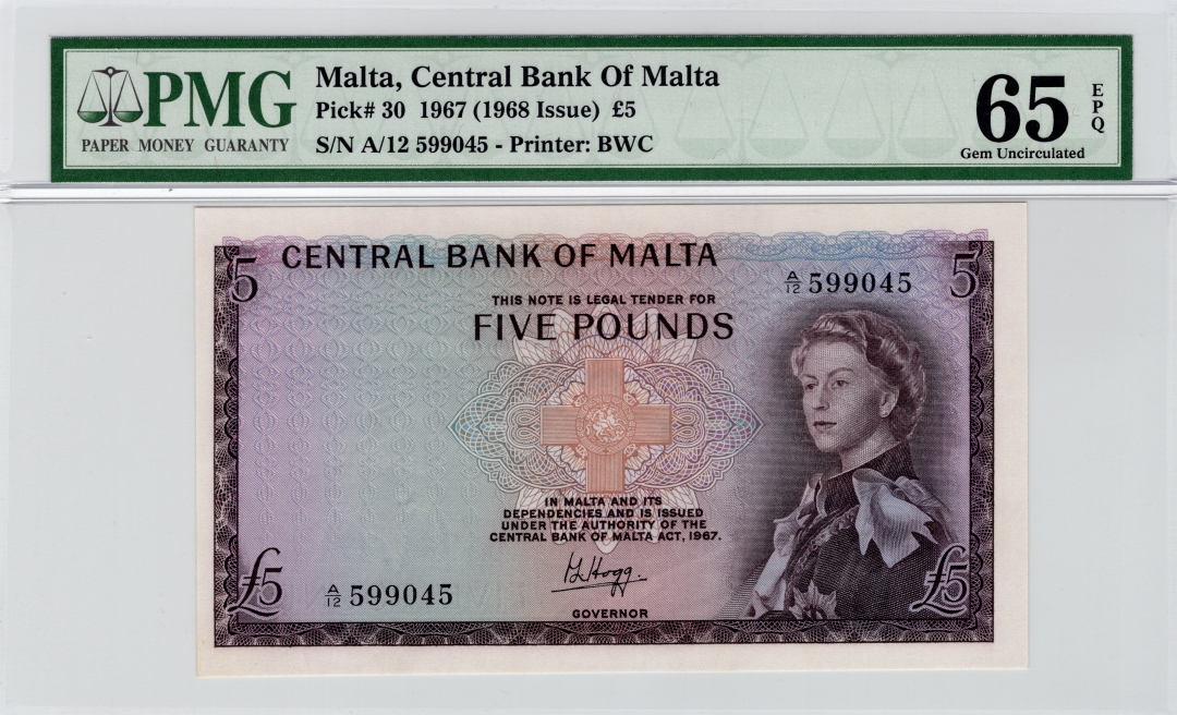 收藏联盟七十四期拍卖 英属马耳他戎装女王1967年5镑 PMG65E