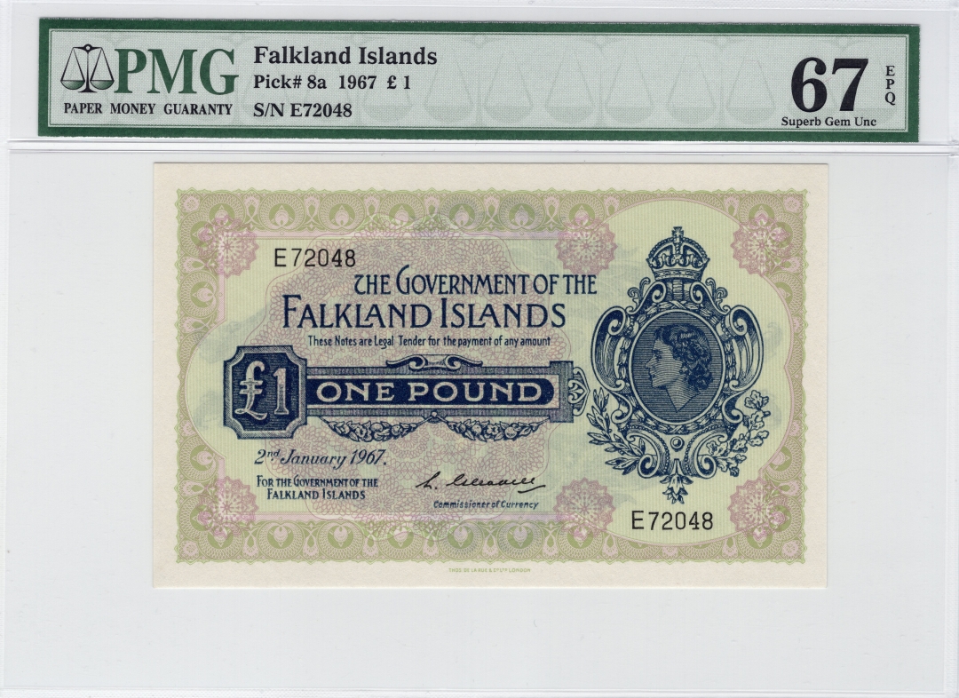 收藏联盟七十四期拍卖 福兰克群岛1967年1镑初版 PMG67E