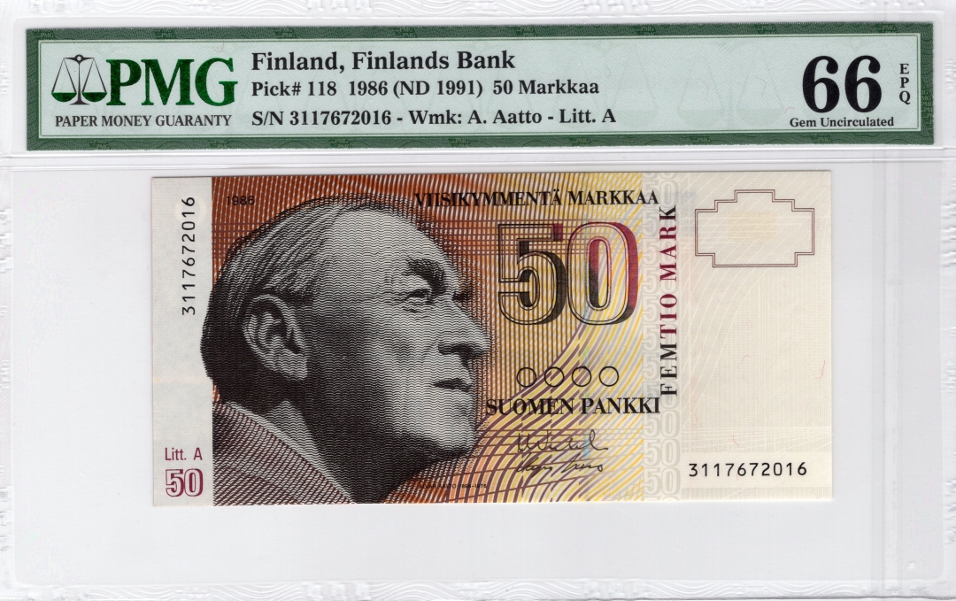 收藏联盟七十四期拍卖 芬兰1986年50马克PMG66E