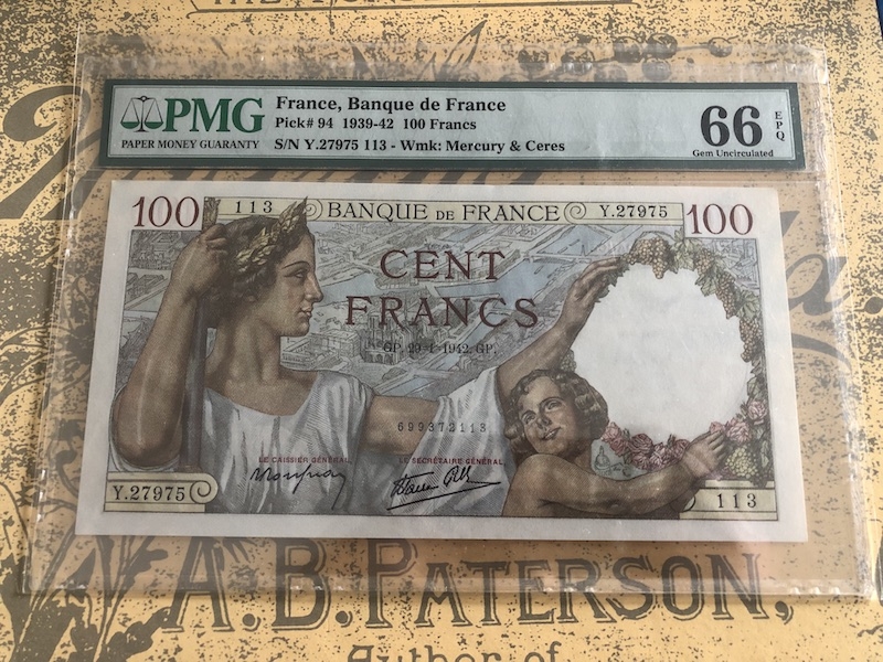 收藏联盟七十四期拍卖 法国1942年100法郎 PMG66E