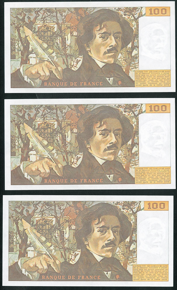 收藏联盟七十四期拍卖 法国自由领导人民 1985年100法郎三张连号第一组 UNC-