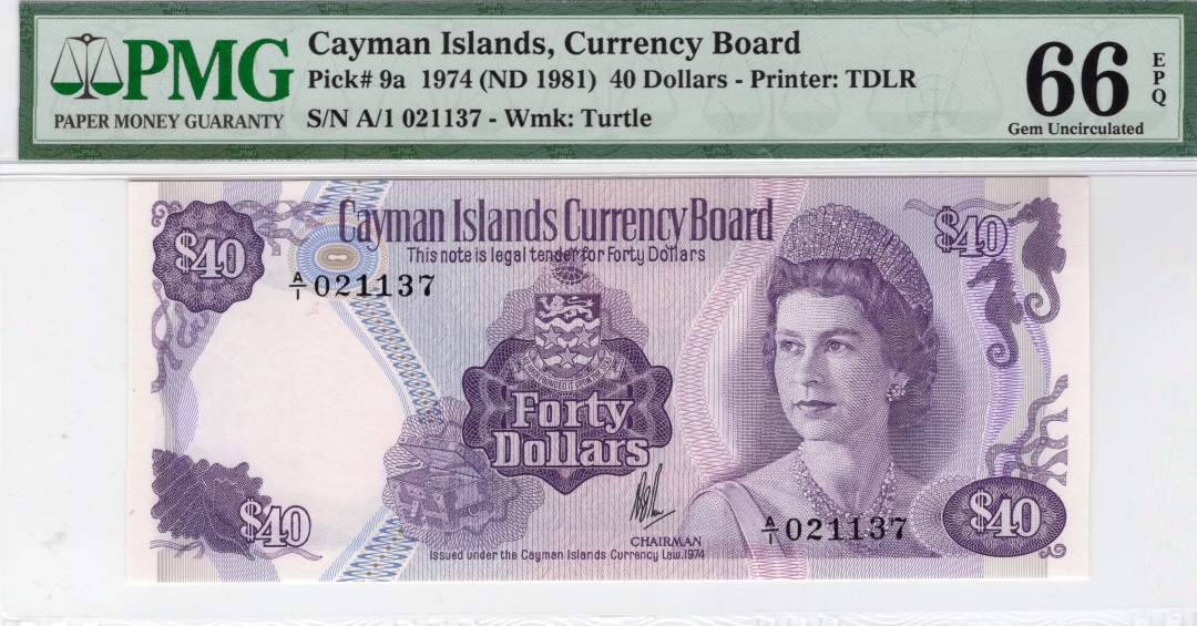收藏联盟七十四期拍卖 开曼群岛1974年40元PMG66E