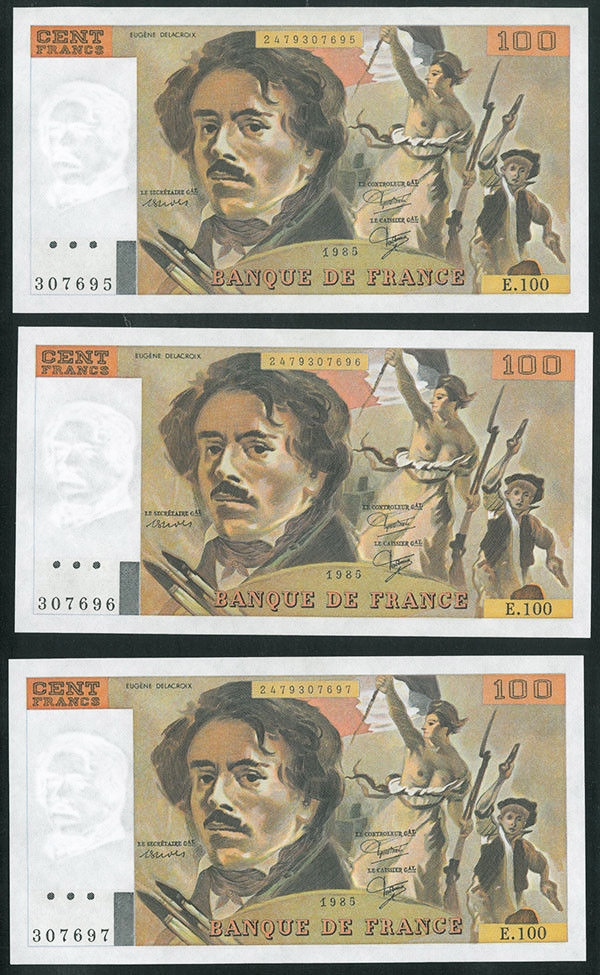 收藏联盟七十四期拍卖 法国自由领导人民1985年100法郎三连张 UNC- 