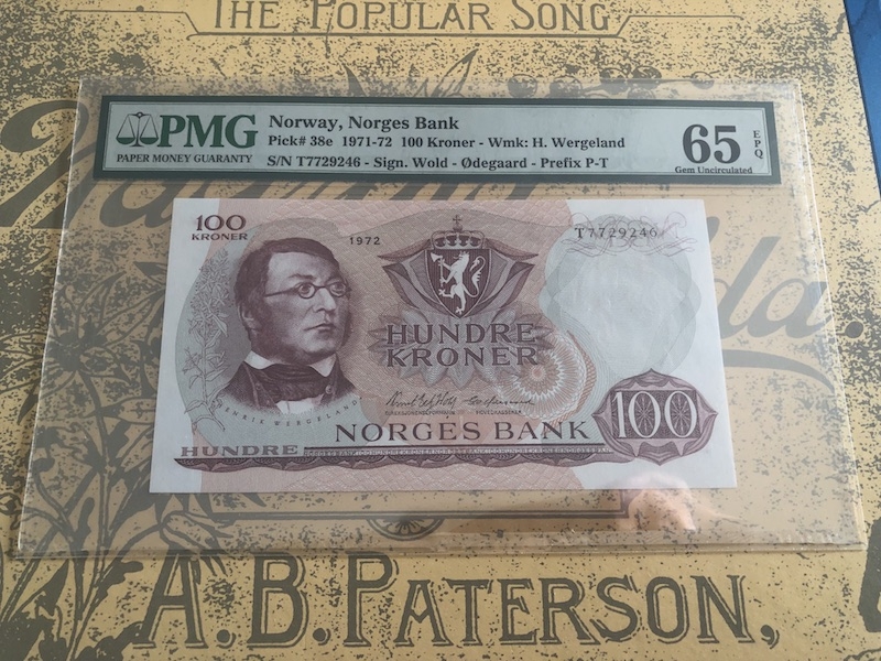 收藏联盟七十四期拍卖 挪威1972年100克朗 PMG65E