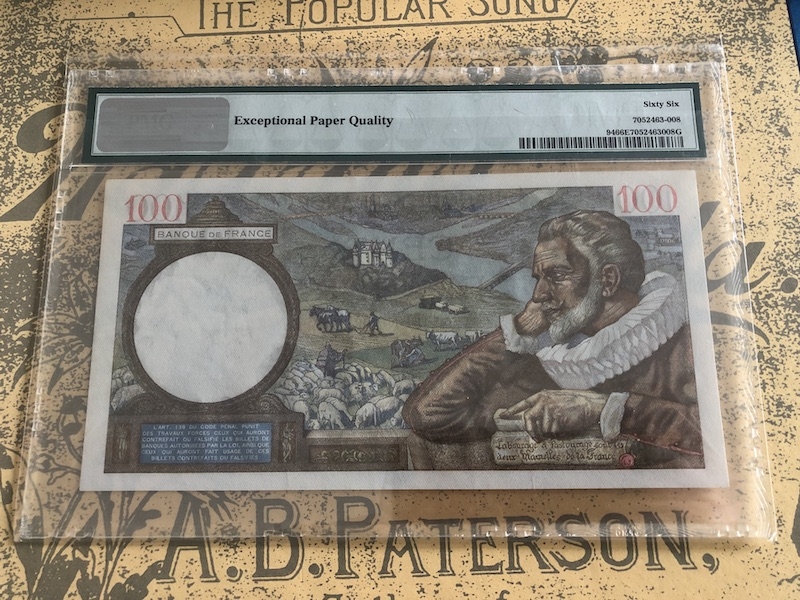 收藏联盟七十四期拍卖 法国1942年100法郎 PMG66E