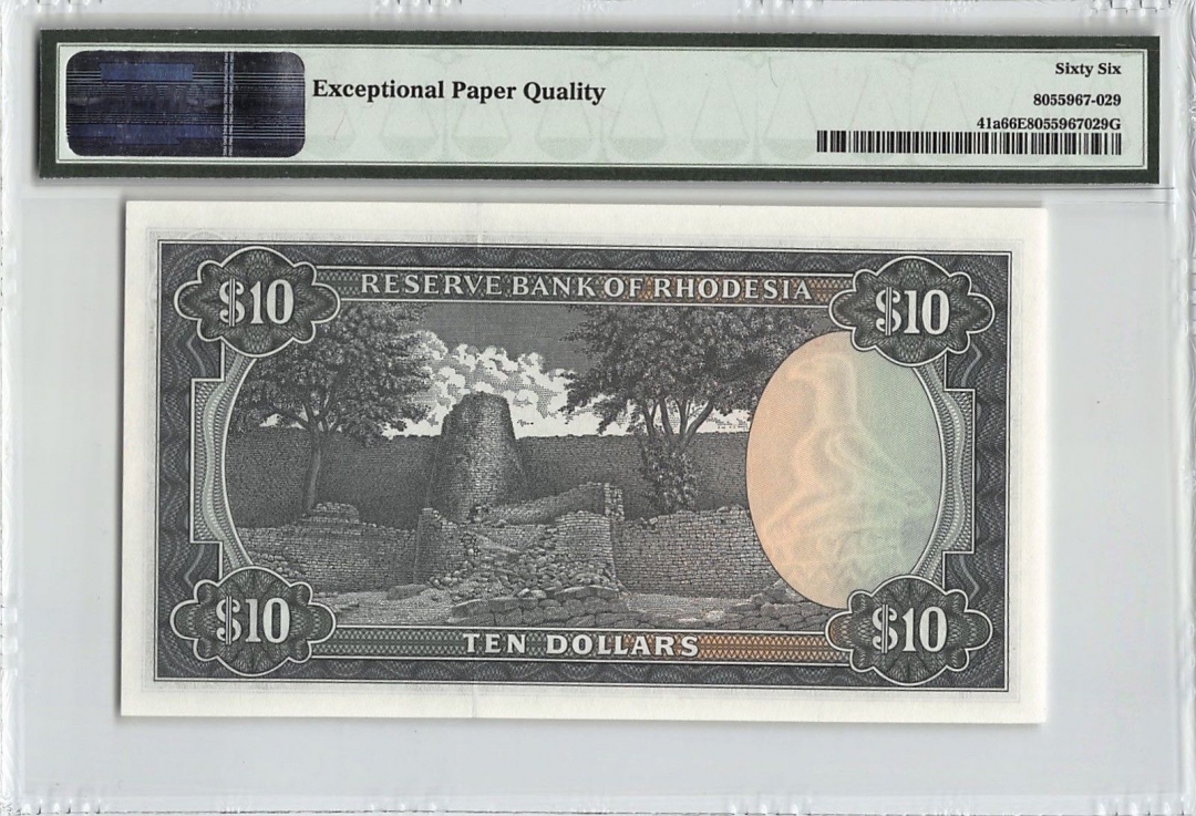 收藏联盟七十四期拍卖 罗得西亚1979年10元 PMG66E 51号小号